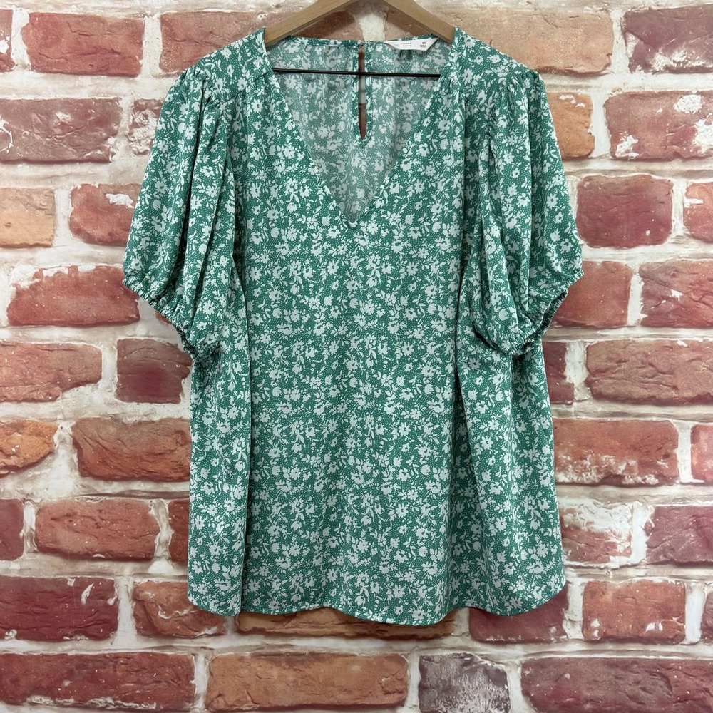 LC Lauren Conrad Top Women's 2X Green Ditsy Floral Speckled Casual Career Shirt